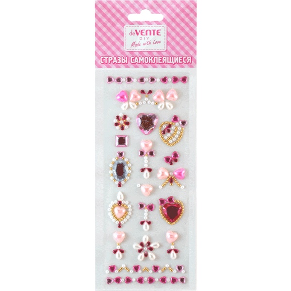 Стразы самоклеящиеся, композиция 75*180 мм, цв.: розовый, deVENTE Сердечки