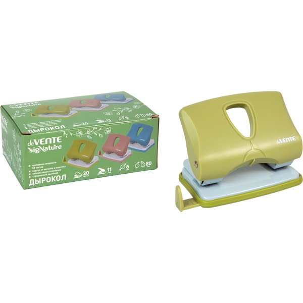 Дырокол на 20 л., пластиковый, с линейкой, deVENTE sigNATURE_оливковый