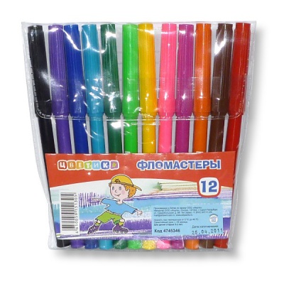 Фломастеры 12 цветов, чернила в/о, вент. колпачок, круг. корп., ЦВЕТИК (пвх конверт)