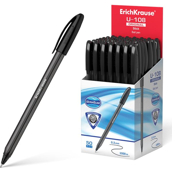 Ручка шариковая черная, 1.0 мм "игла", рифл. упор, тон. корп., ErichKrause U-108 Stick Original