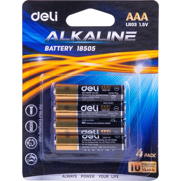 Батарейка LR03/AAA, 1.5 V, DELI Alkaline Battery 18505 (кратно 4)