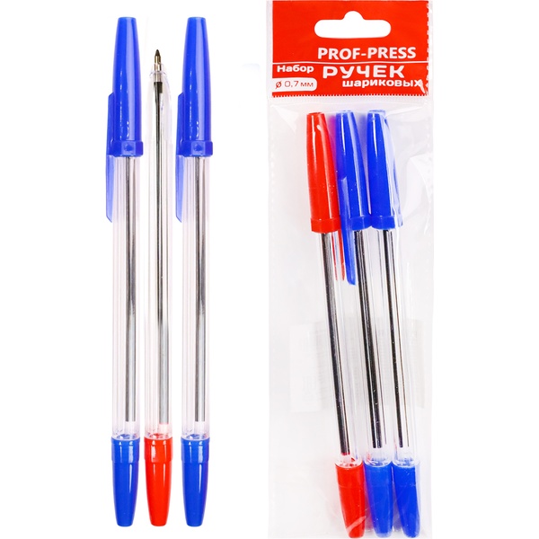 Ручки шариковые, набор 3 шт./2 цв., Ø 0.7 мм, прозр. корп., Prof-Press Акция