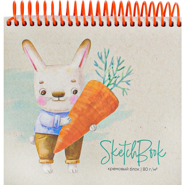 Скетчбук А6+, на спирали, 80 л., крем. блок 80 г/м², обл. 7БЦ, Prof-Press Заяц с морковкой    Акция
