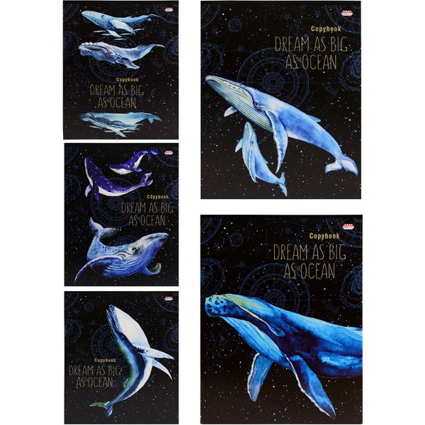 Тетрадь А5, клетка, 48 л., на скобе, 60 г/м², выб. лак, Prof-Press Киты в космосе_5 дизайнов