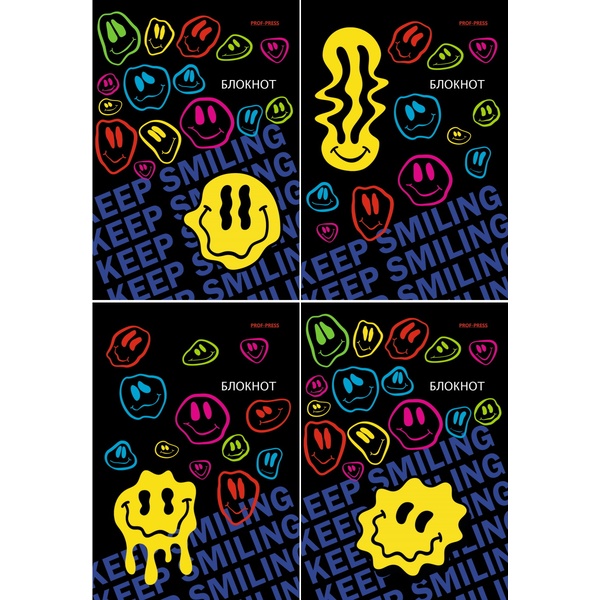 Блокнот на скобе А6, 24 л., клетка, 60 г/м², Prof-Press Crazy smiley_4 дизайна Акция!