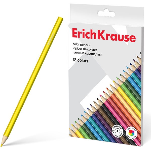 Карандаши цветные 18 шт., деревянные, шестигранные, ErichKrause (в к/к) Карандаши цветные 18 шт., деревянные, шестигранные, ErichKrause (в к/к)