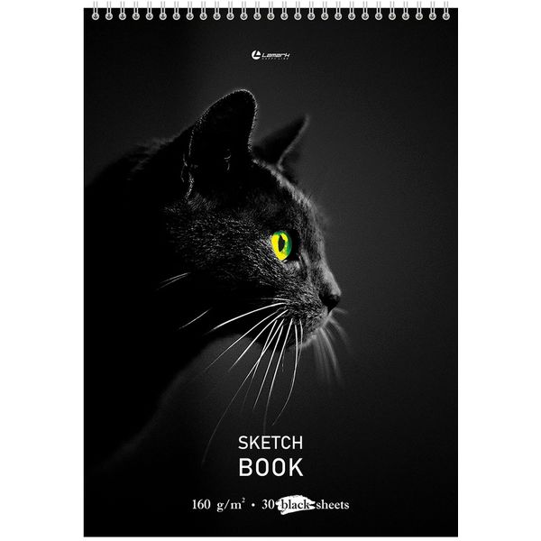 Скетчбук А4, 30 л., 160 г/м², черн. блок, гребень сверху, LAMARK Черный кот  Акция!