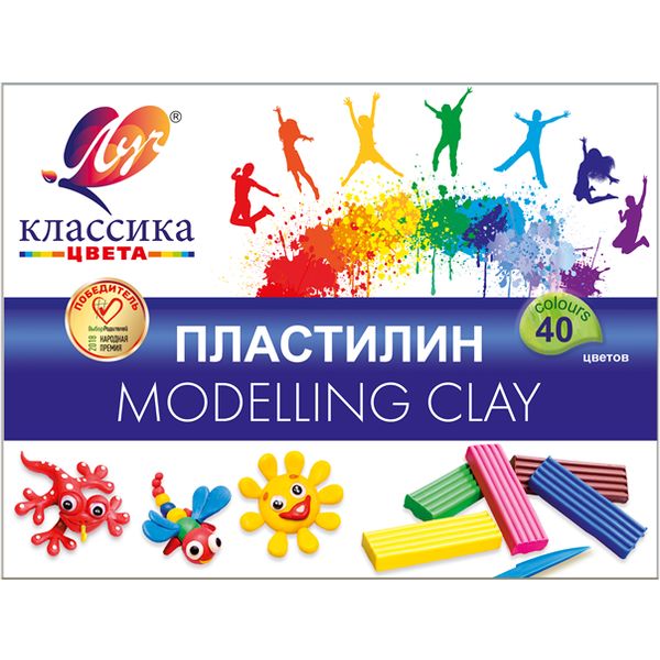 Пластилин классический ЛУЧ Классика цвета: 40 цветов, брусок 20 г, стек (к/к)