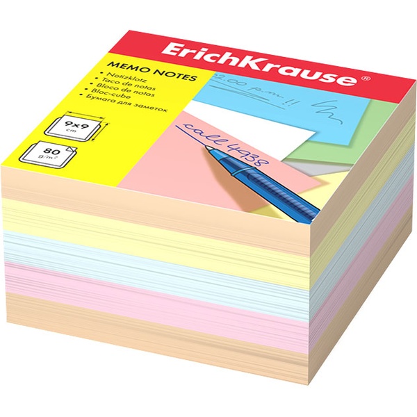 Бумага для заметок, 9*9*5 см, без склейки, 80 г/м², пастельная, 4 цвета, ErichKrause