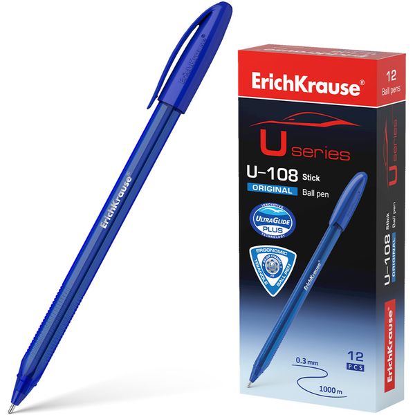 Ручка шариковая синяя, 1.0 мм, узел-игла, грип, ErichKrause U-108 Stick Original Ручка шариковая синяя, 1.0 мм, узел-игла, грип, ErichKrause U-108 Stick Original