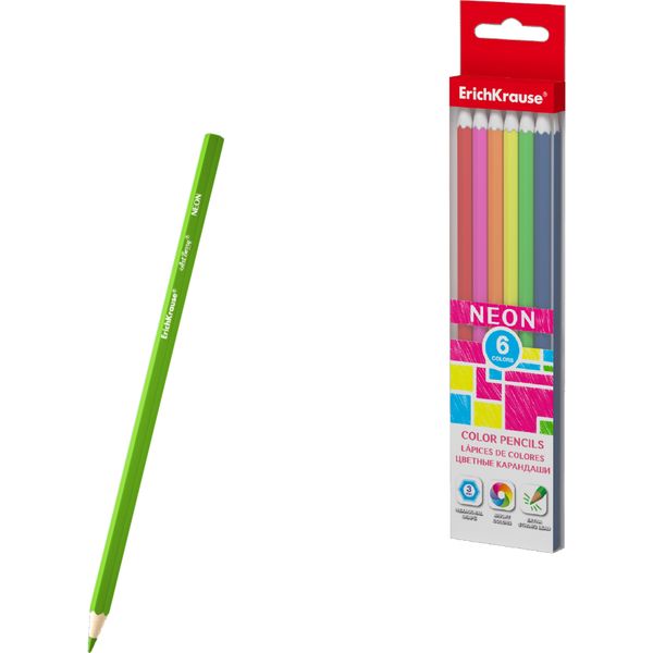 Карандаши цветные 6 шт., деревянные, шестигранные, ErichKrause Inspiration Neon (в к/к)