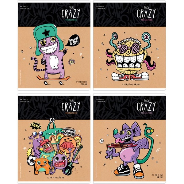Тетрадь А5, клетка, 48 л., на скобе, 60 г/м², твин-лак, ArtSpace Рисунки_Crazy monsters_4 дизайна  Акция!