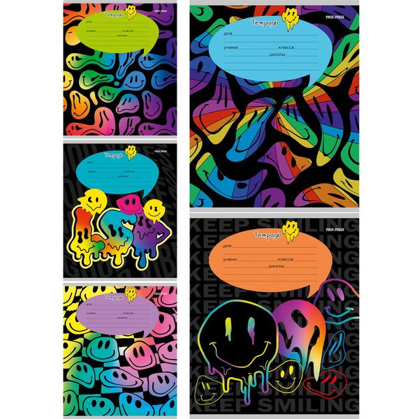 Тетрадь А5, клетка, 24 л., на скобе, 60 г/м², мел. бумага, Prof-Press Кислотные смайлики_5 дизайнов