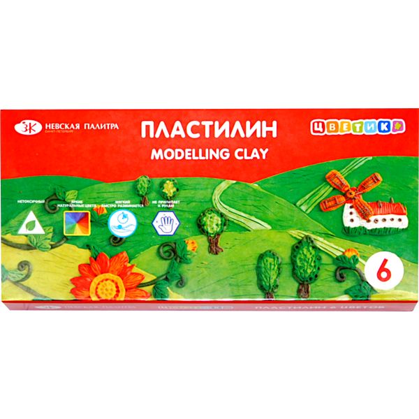 Пластилин классический ЦВЕТИК: 6 цветов, брусок 15 г, стек (к/к)