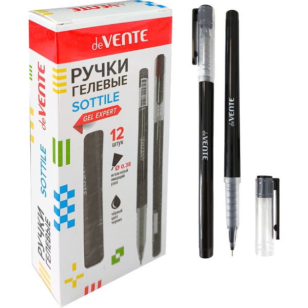 Ручка гелевая черная, Ø 0.38 мм "игла", полупрозр. рифл. упор, deVENTE Sottile