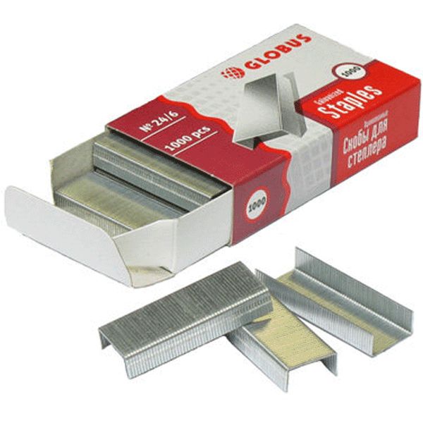 Скобы для степлера №24/6, оцинкованные, 1000 шт., Globus