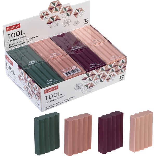 Ластик Hatber Tool, TPR (Dust free), прямоугольный, 45*32*12 мм, PP обертка, 4 дизайна Ластик Hatber Tool, TPR (Dust free), прямоугольный, 45*32*12 мм, PP обертка, 4 дизайна