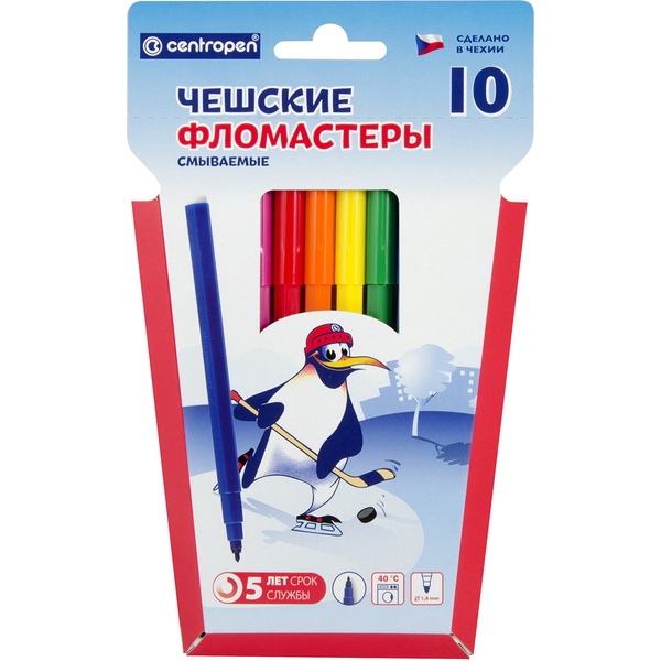 Фломастеры 10 цветов Centropen Пингвины, смываемые, вентилируемый колпачок, карт. упаковка