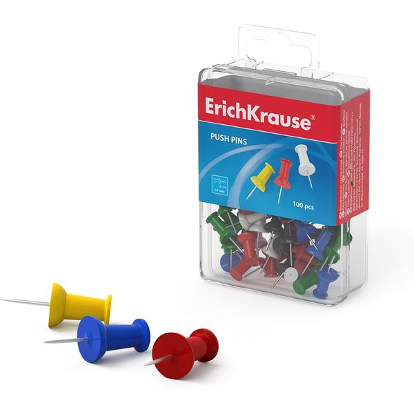Кнопки-гвоздики 100 шт., игла 11 мм, цветные, пэт-бокс, ErichKrause