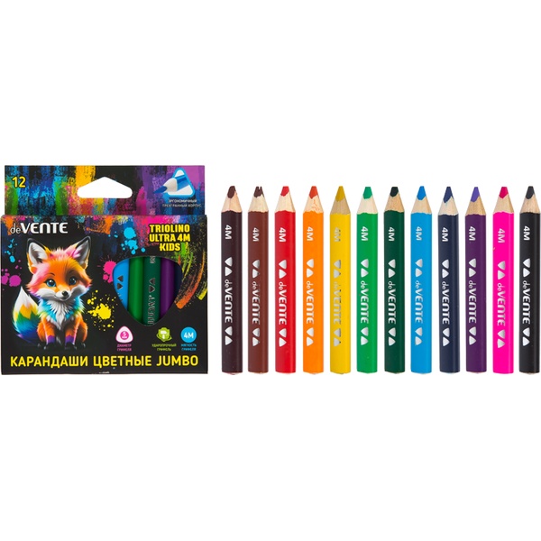 Карандаши цветные 12 шт., деревянные, трехгранные JUMBO, короткие, 4M, deVENTE Triolino Ultra (к/к)