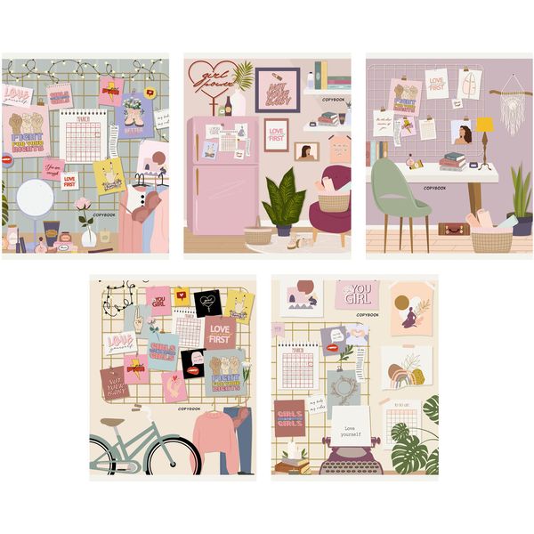 Тетрадь А5, клетка, 48 л., на скобе, 60 г/м², тисн. сереб. ф., Listoff For girls_5 дизайнов