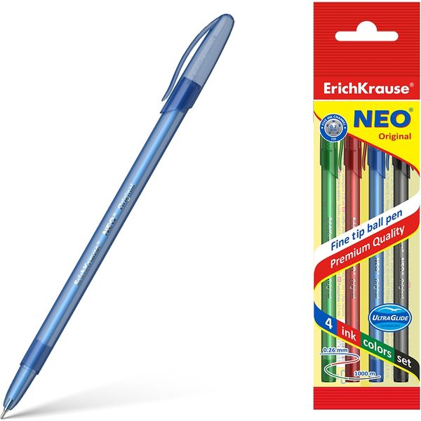Ручки шариковые, набор 4 шт./4 цв., Ø 0.7 мм "игла", лин. 0.26 мм, ДП 1000м, ErichKrause Neo Stick Original