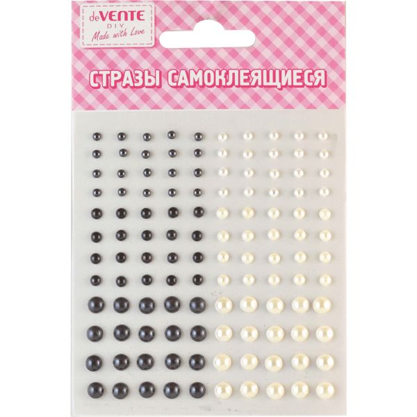 Стразы самоклеящиеся, карточка 95*105 мм (разный р-р), цв.: белый/черный, deVENTE Жемчуг