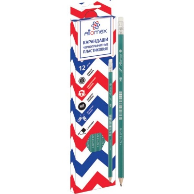 Карандаш чернографитный с ластиком, HB, пластиковый, шестигранный, зеленый, Attomex Карандаш чернографитный с ластиком, HB, пластиковый, шестигранный, зеленый, Attomex