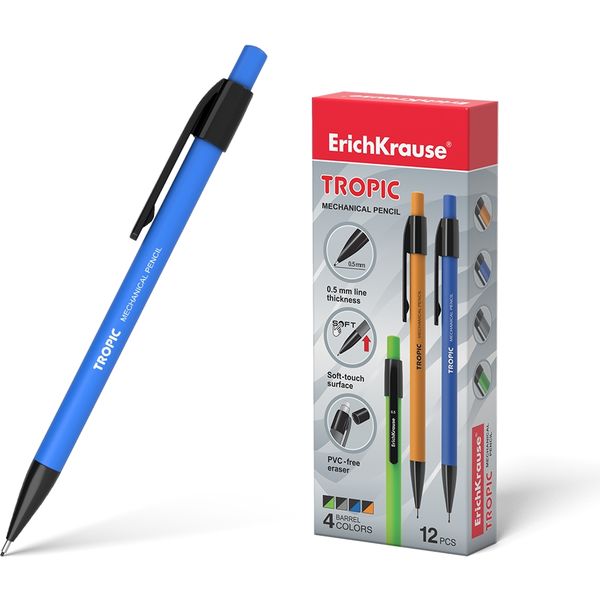 Карандаш механический 0.5 мм, НВ, ErichKrause Tropic, покрытие софт-тач клип, ластик, ассорти