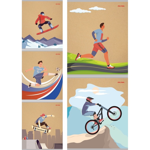 Тетрадь А5, клетка, 48 л., на скобе, 60 г/м², крафт-картон, Prof-Press Спортсмены микс_5 дизайнов 