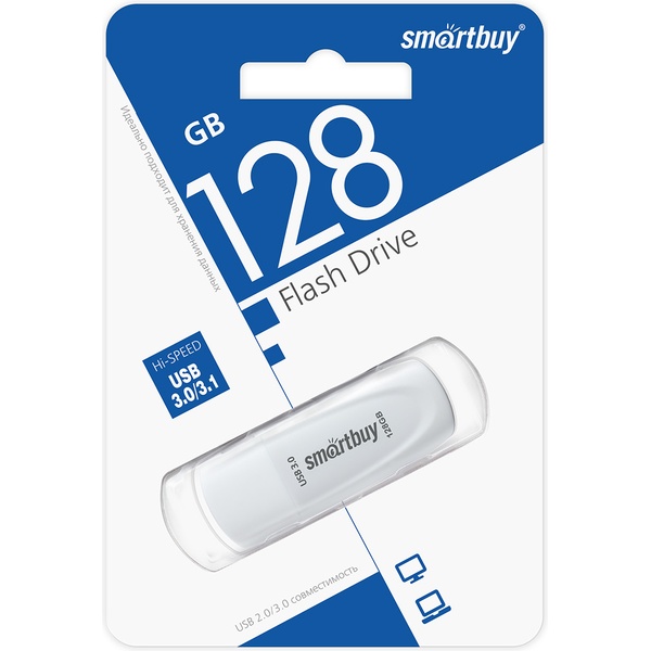 Флеш-накопитель USB 3.0/3.1, 128 ГБ, Smartbuy Scout White/белый
