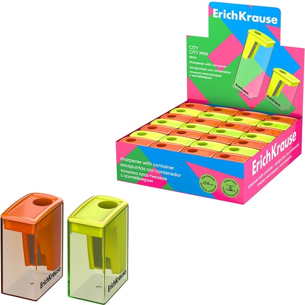 Точилка пластиковая ErichKrause City Mini Neon, 1 отв., контейнер, ассорти 2 цвета 