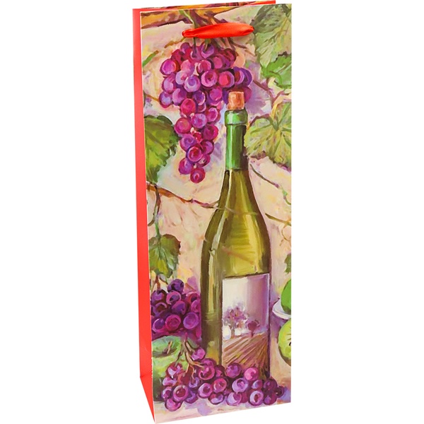 Пакет подарочный, 12*36*8.5 см, мел. бумага 210 г/м², матовый, Dream cards Натюрморт с вином и виноградом (под бутылку) Акция!