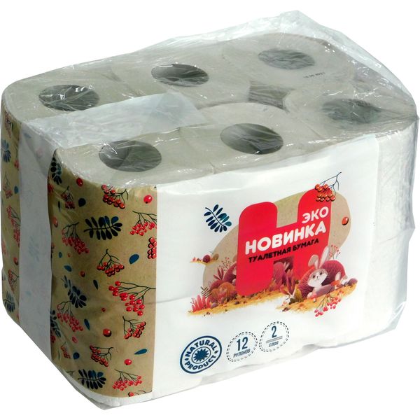 Бумага туалетная на втулке, 2-сл., 14 м* 92 мм, перфорация, тисн., св.-серая, Новинка ЭКО (12 шт.)