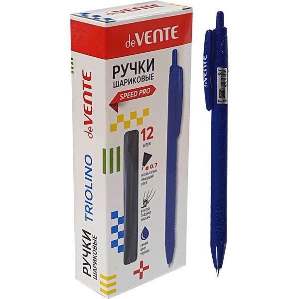 Ручка шариковая, синяя, Ø 0.7 мм "игла", трехгран., рифл. упор, speed pro, deVENTE Office