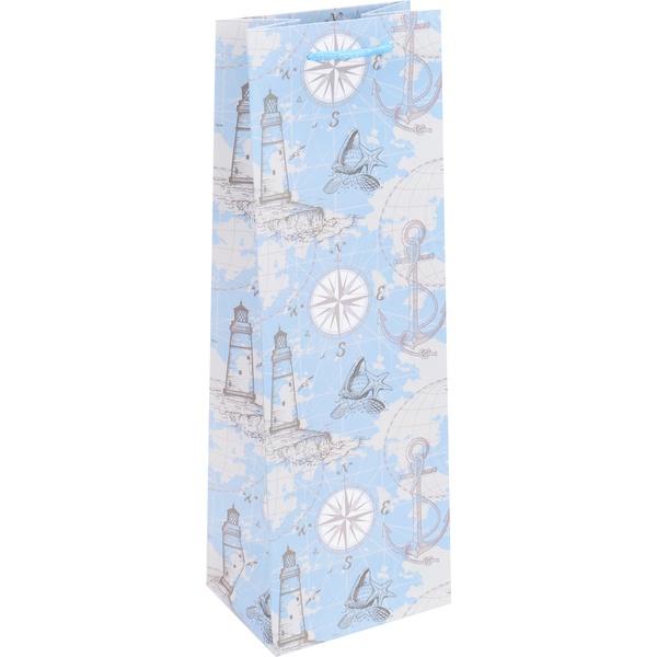 Пакет подарочный, 12*36*9 см, мел. бумага 210 г/м², матовый, Dream Card Якорь и маяк (под бутылку) Акция!