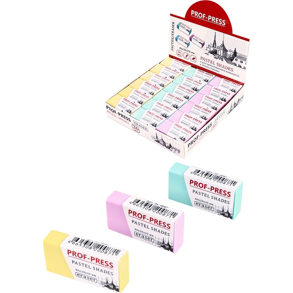 Ластик Prof-Press Pastel shades, TPR, сред. жесткости, ассорти 3 цв., 40*15*15 мм (картон. держатель)