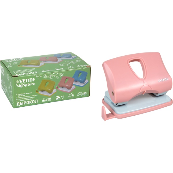 Дырокол на 20 л., пластиковый, с линейкой, deVENTE sigNATURE_пудрово-розовый