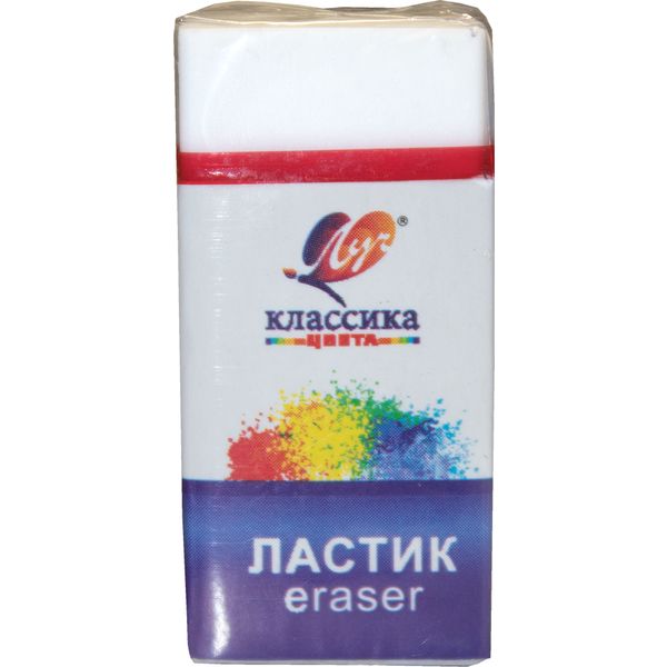 Ластик ЛУЧ Классика K5, сред. мягкости, TPR, прямоугольный, 40*19*10 мм, картон. держатель, белый