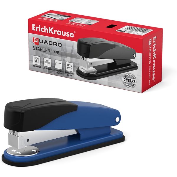 Степлер № 24/6 до 30 л. ErichKrause Quadro Half-strip, металлический, ассорти 3 цвета Степлер № 24/6 до 30 л. ErichKrause Quadro Half-strip, металлический, ассорти 3 цвета