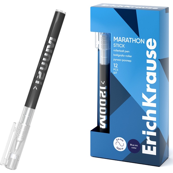 Ручка-роллер, синяя, Ø 0.5 мм, линия 0.4 мм, ДП 1200 м, сист. Free Ink, ErichKrause Marathon Ручка-роллер, синяя, Ø 0.5 мм, линия 0.4 мм, ДП 1200 м, сист. Free Ink, ErichKrause Marathon