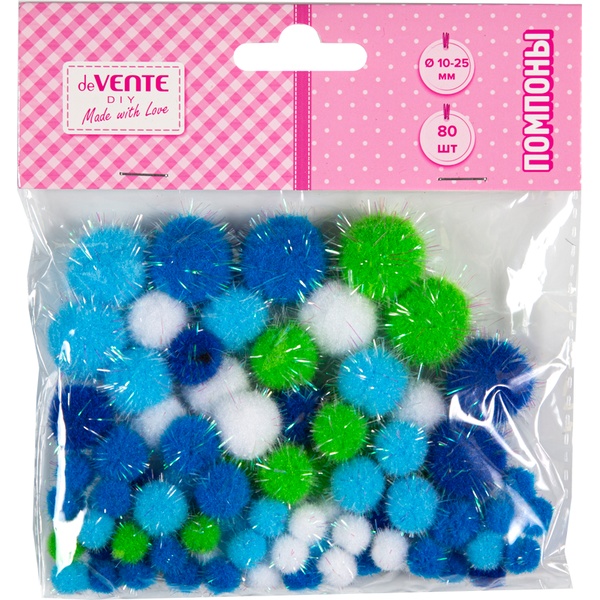 Помпоны Ø 10/13/20/25 мм, с люрексом, сине-зеленый микс, 80 шт., deVENTE DIY