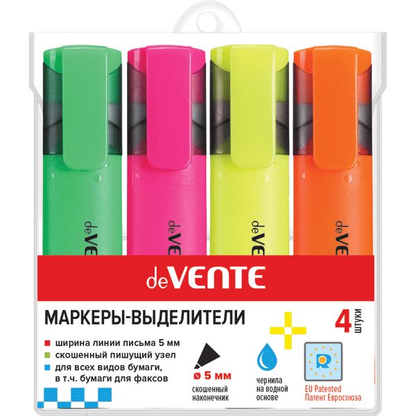 Текстовыделители deVENTE, набор 4 цвета, линия 1-5 мм, н-к "клин", в плоском корпусе Текстовыделители deVENTE, набор 4 цвета, линия 1-5 мм, н-к "клин", в плоском корпусе