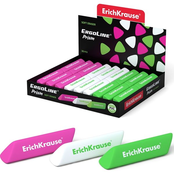 Ластик ErichKrause ErgoLine Prism, TPR, трехгранный/скошенный, 60*14*14 мм, 3 дизайна