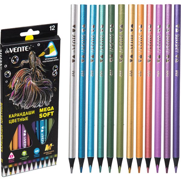 Карандаши цветные 12 шт., черное дерево, трехгранные, 3М, deVENTE Trio Mega Soft_Metallic (в к/к)