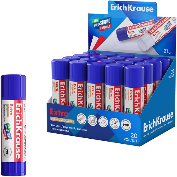 Клей-карандаш 21 г ErichKrause Extra, PVP формула, экономичный расход Клей-карандаш 21 г ErichKrause Extra, PVP формула, экономичный расход