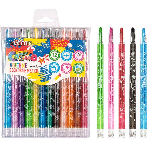 Мелки восковые 12 цветов deVENTE Cosmo, пластик. корпус с поворотным механизмом, в блистере
