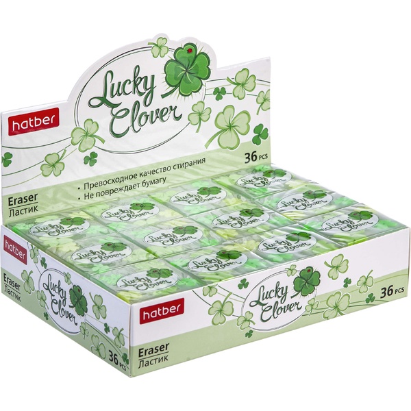 Ластик Hatber Lucky Clover, мягкий, PVC, прямоугольный, 35*35*11 мм, сквозной рисунок