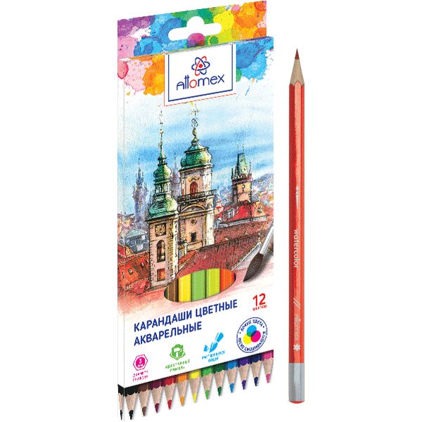 Карандаши акварельные 12 цв., деревянные, шестигранные, 2М, deVENTE Aqua (в к/к)