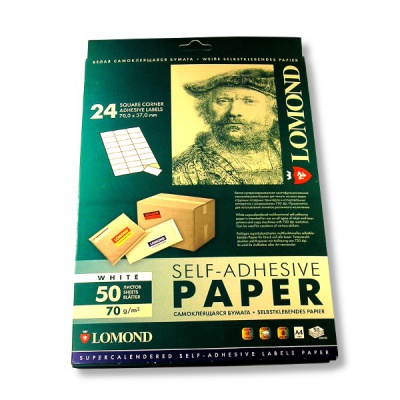 Бумага самоклеящаяся, 70*37 мм, 24 шт./А4, матовая, белая, 70 г/м², 50 л., LOMOND Универсальная
